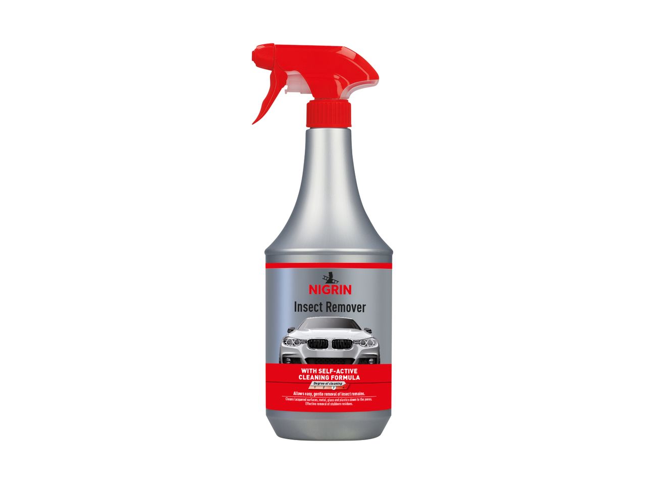 Insect remover spray bottle with a car on the label, featuring a self-active cleaning formula.