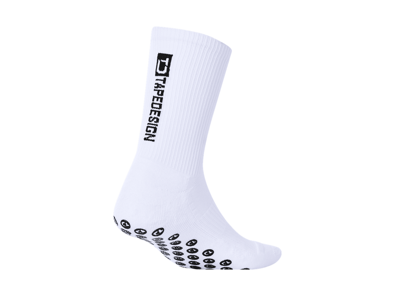 Weißer Sportsocken mit schwarzem Schriftzug und rutschfester Sohle.