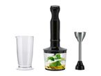 Hand blender set with a chopper attachment, measuring beaker, and blending wand