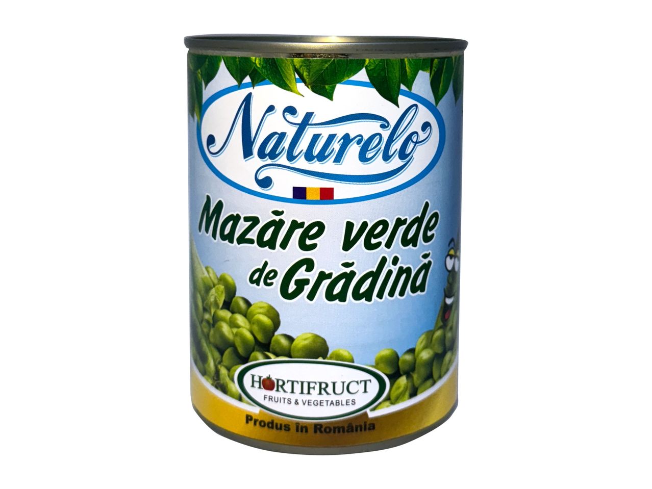 Conservă de mazăre verde Naturelo, cu etichetă albastră și verde, pe un fundal alb.