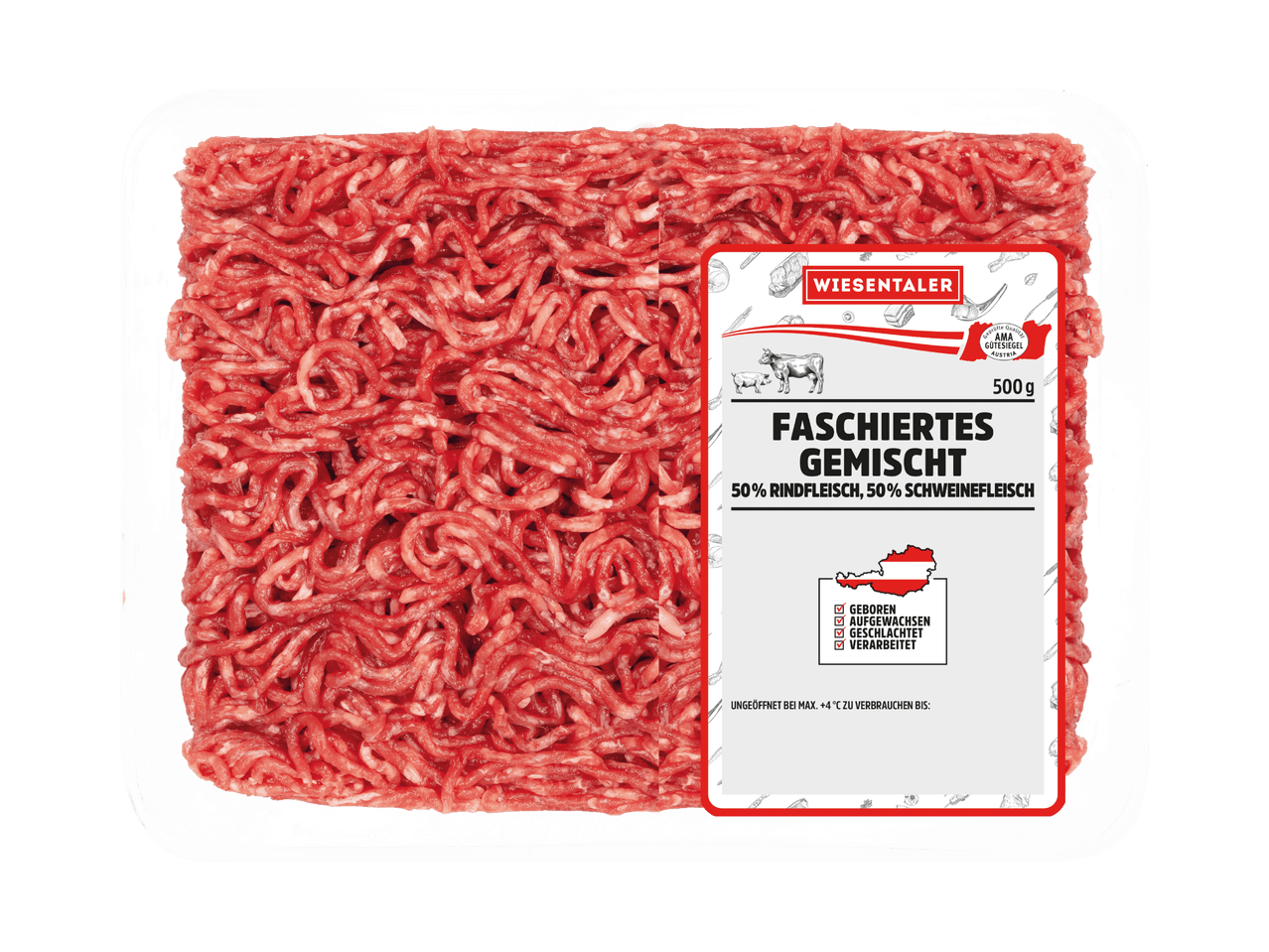 500 g gemischtes Faschiertes aus Rind- und Schweinefleisch in einer Klarsichtschale.