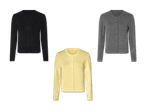 Drei Damen-Cardigans in Schwarz, Grau und Hellgelb.