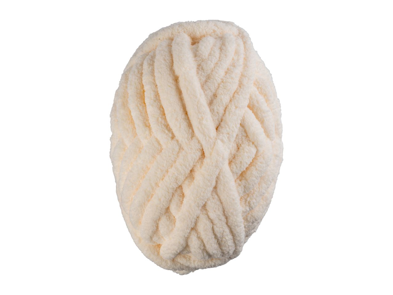 A large skein of cream-colored chenille yarn, isolated on a white background.