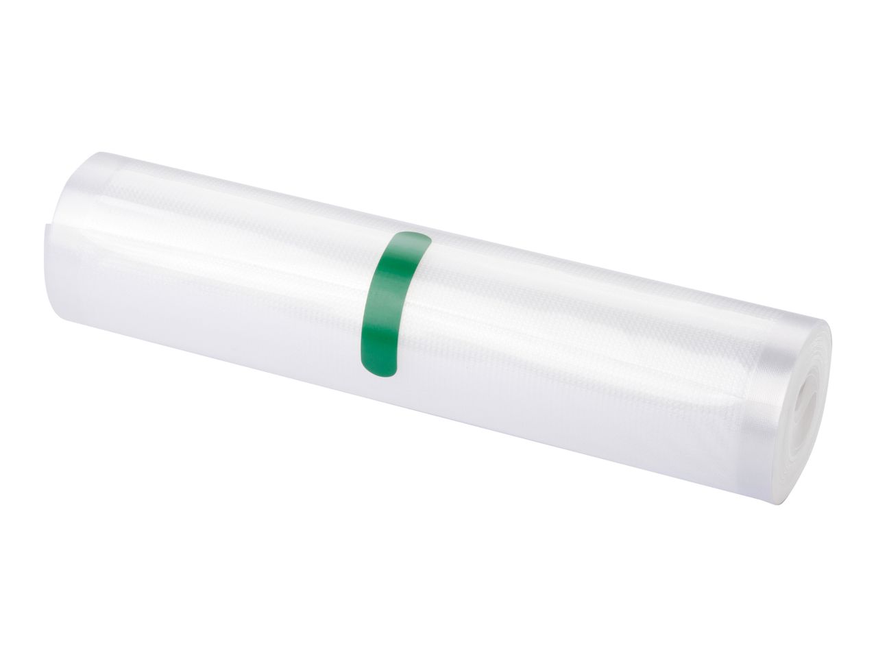 Roll of clear plastic vacuum sealer bags with a green band.