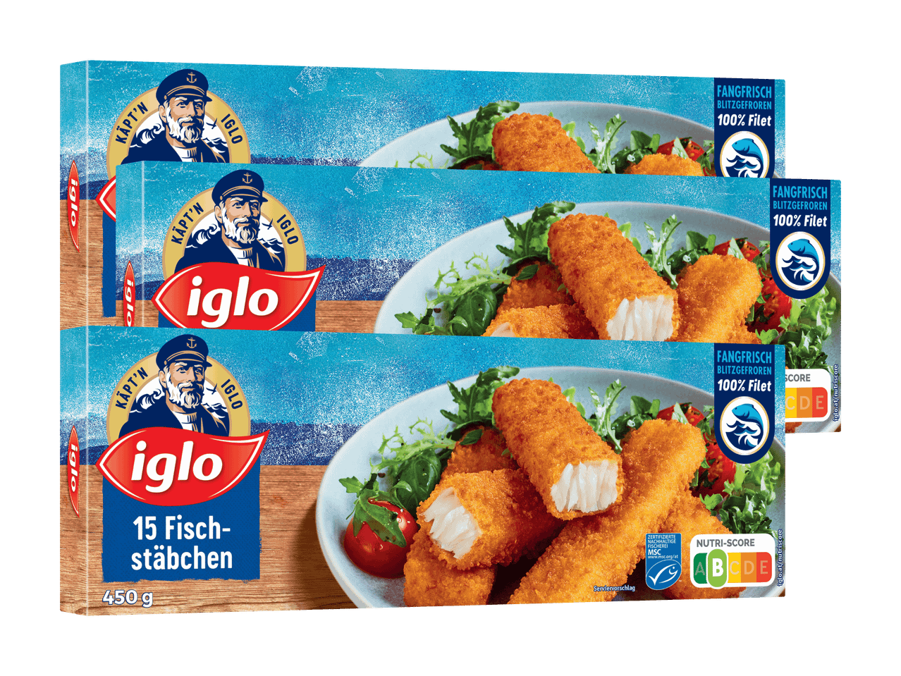 Drei Packungen Iglo Fischstäbchen mit 15 Stück und 450g, mit Nutri-Score A.