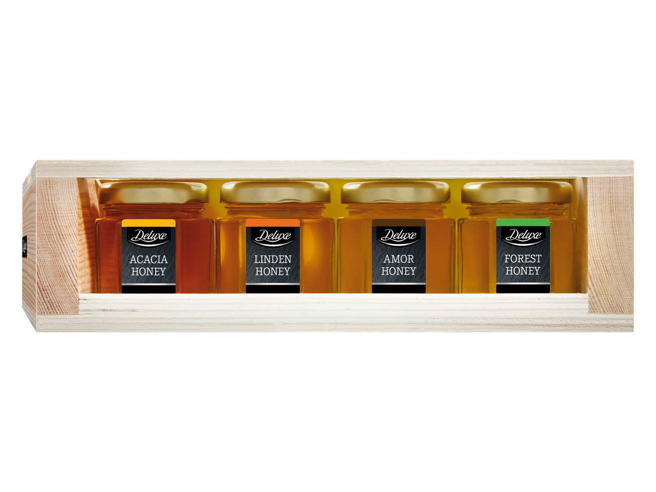 Deluxe medus izlase: akācijas, liepu, amora un meža medus koka kastē.
