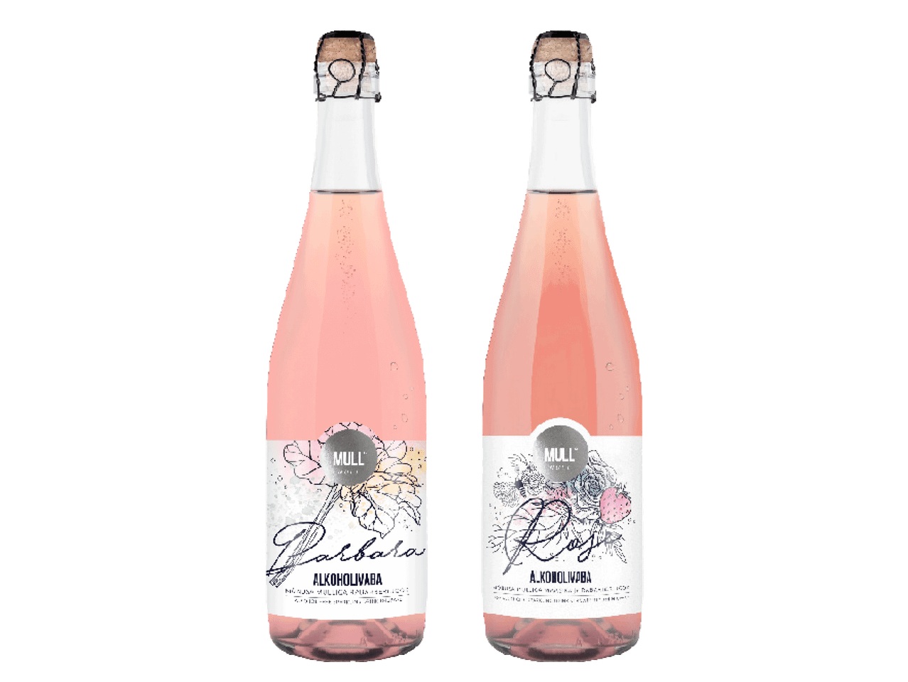 Kaks pudelit roosat alkoholivaba vahuveini Mull lillelise etiketikujundusega.