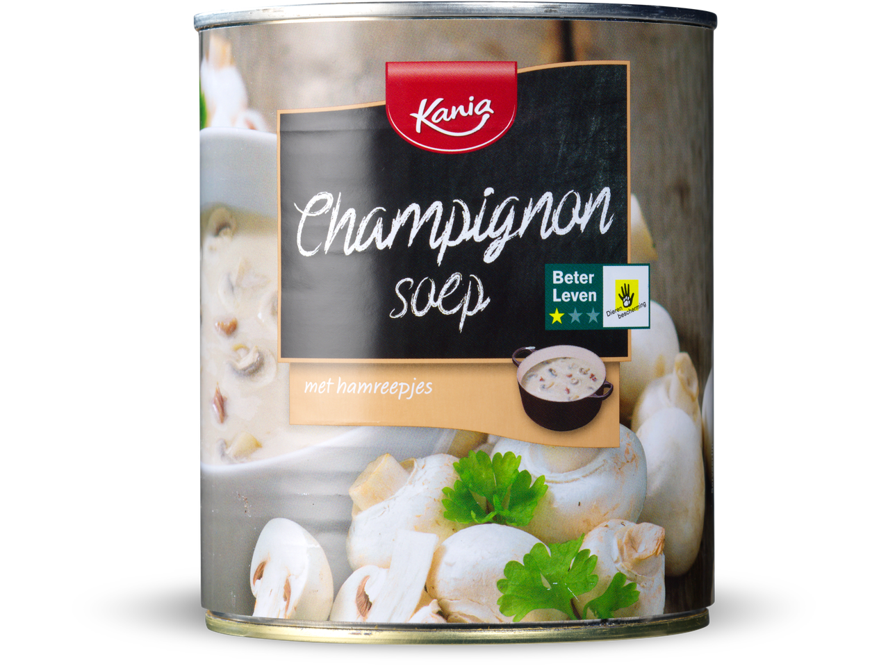 Kania Champignon soep met hamreepjes.