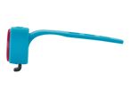 Side view of a blue silicone bike rear light.