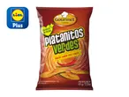 A bag of Gourmet Platanitos Verdes chips, a spicy plantain chip snack, is shown with a Lidl Plus logo.