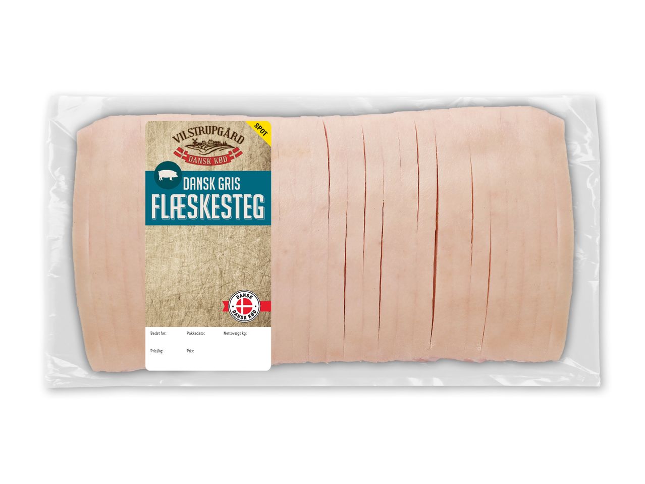 Vilstrupgaard Danish Gris flæskesteg, skåret i skiver, i plastfolie.