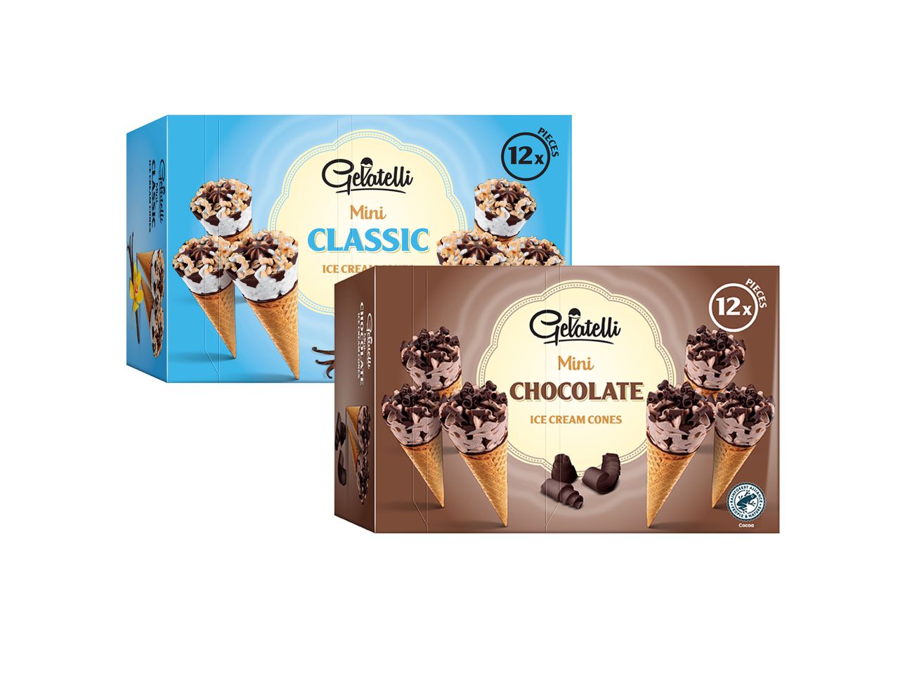 'Gelato Classico' ledai klasikiniu ir šokolado skoniu kūgiuose.