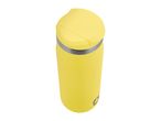 Yellow travel mug with a grey band and a small grey logo at the bottom.