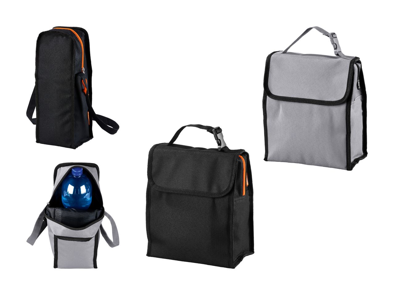 Schwarze und graue Kühltaschen mit Reißverschluss und Tragegriff.