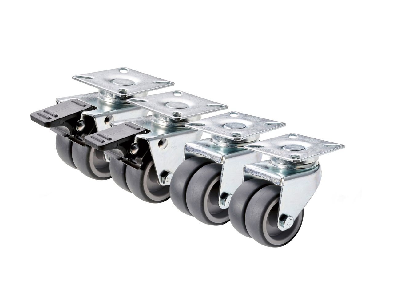 Four gray industrial casters with metal plates.