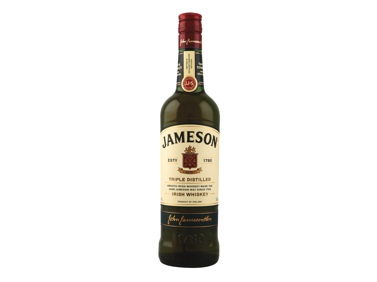 Jameson Irish Whiskey bottle, triple distilled, with a red cap and cream label on a black background.