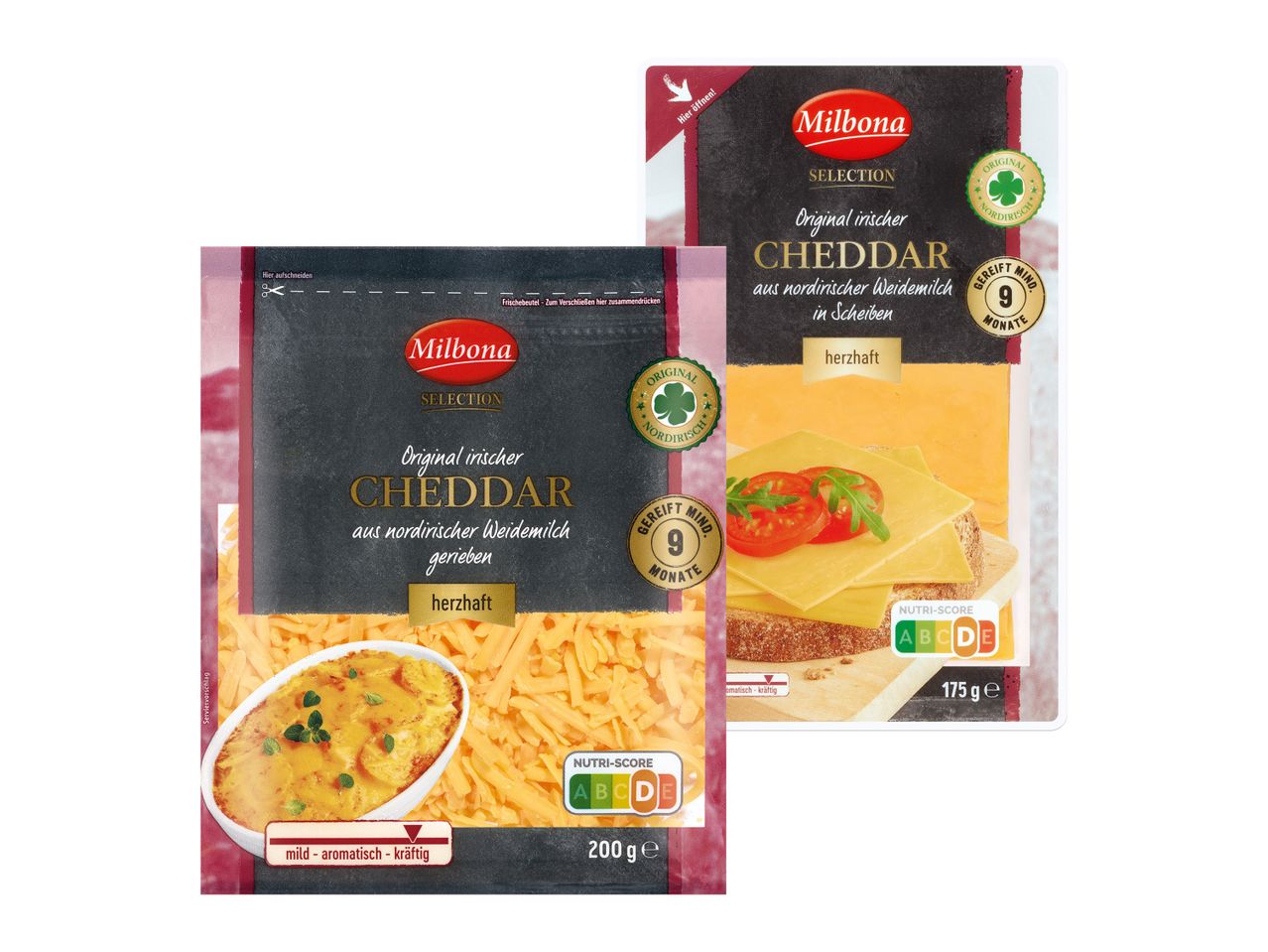 Milbona Selection Cheddar: Scheiben und gerieben, aus nordirischer Weidemilch.