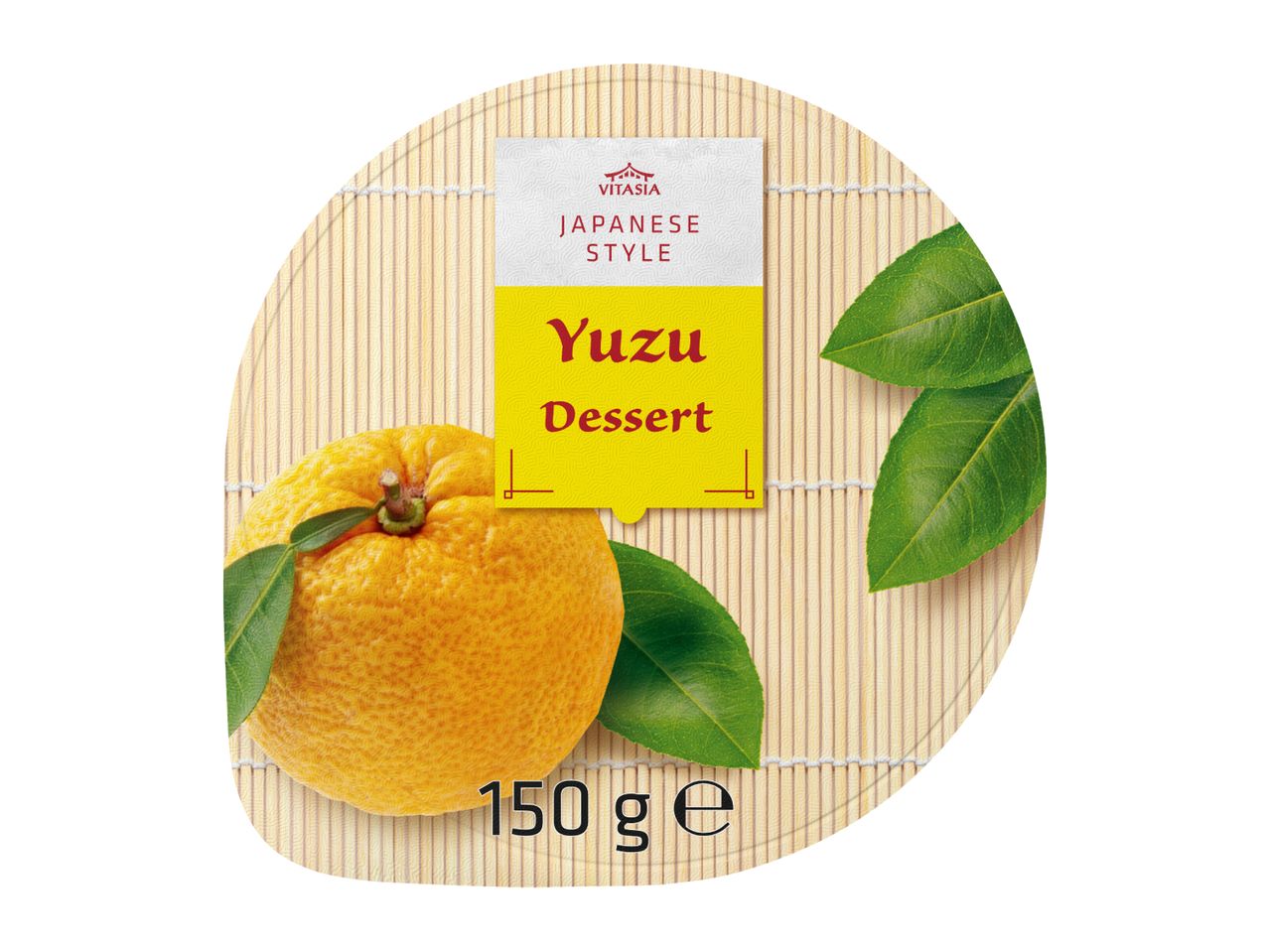 Japanese style yuzu dessert with a whole yuzu fruit and leaves on a bamboo mat, 150g.