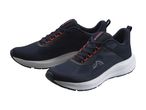 Pair of dark blue and orange athletic shoes with white soles