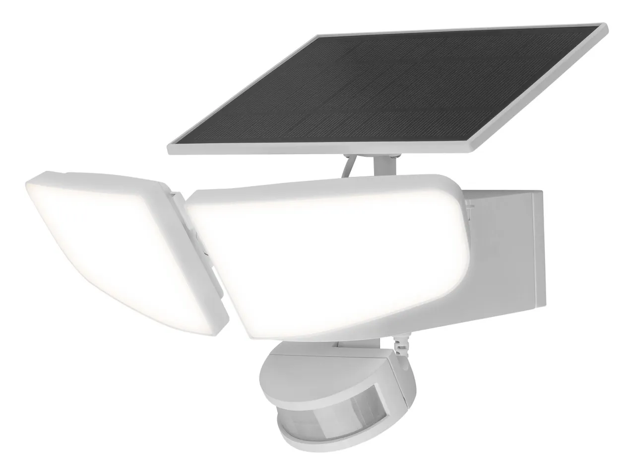 Faretto di sicurezza a LED bianco con pannello solare e sensore di movimento.