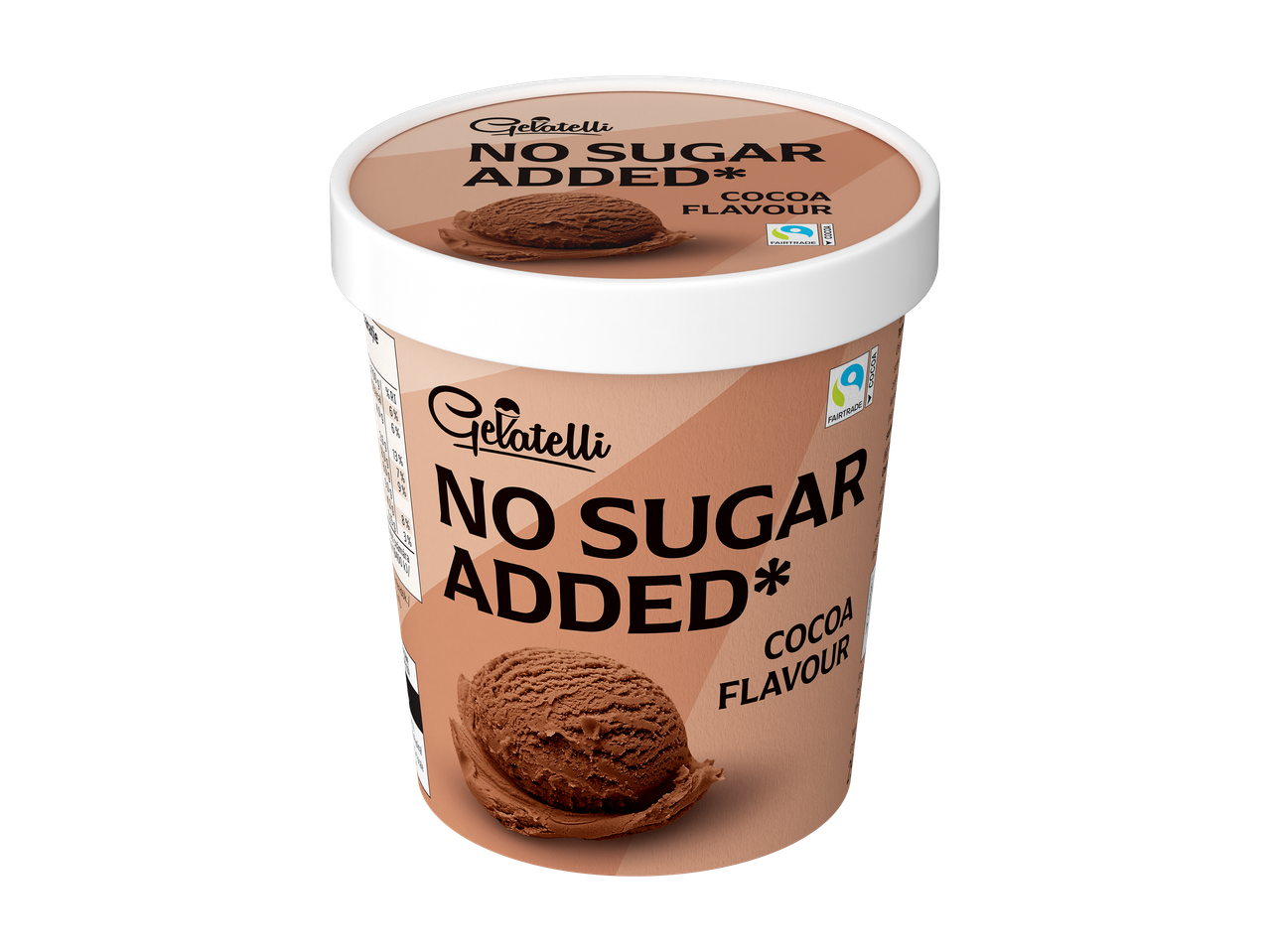 Înghețată Gelatelli fără zahăr adăugat, cu aromă de cacao, cu o cupă de înghețată și logo Fairtrade.