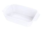 White rectangular ceramic baking dish with ribbed sides and handles
