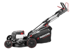 Parkside Performance® petrol lawnmower with grass collector, black and red design.