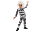 Child in a Beetlejuice costume with a white wig, striped suit, and dark makeup.