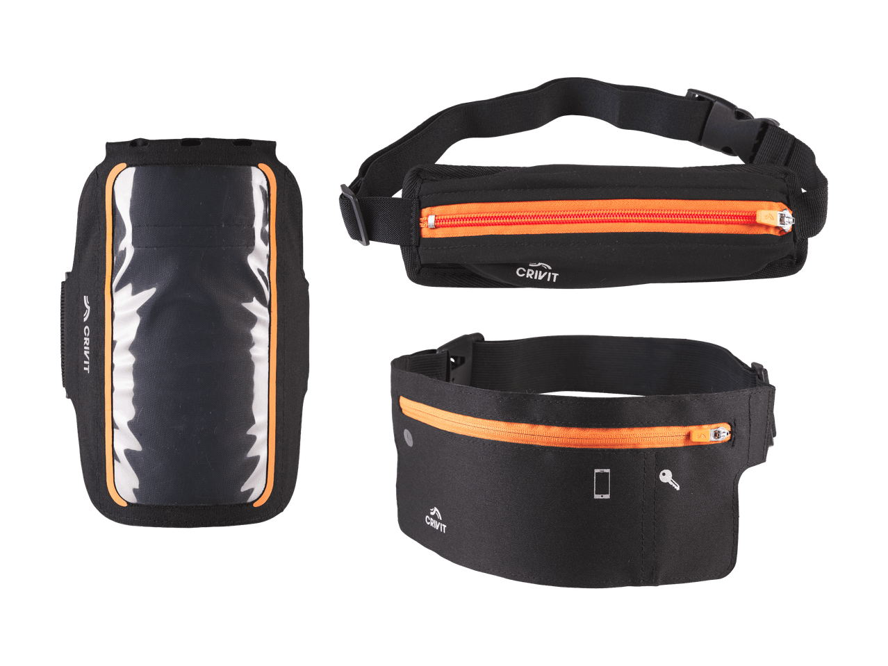 Musta juoksuvyö ja käsivarsikotelo oransseilla yksityiskohdilla ja puhelin-/avainkuvakkeilla.