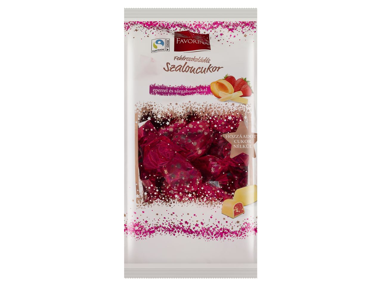 Favorina fehér csokoládés bonbonok barackkal és eperrel, karácsonyi csomagolásban.