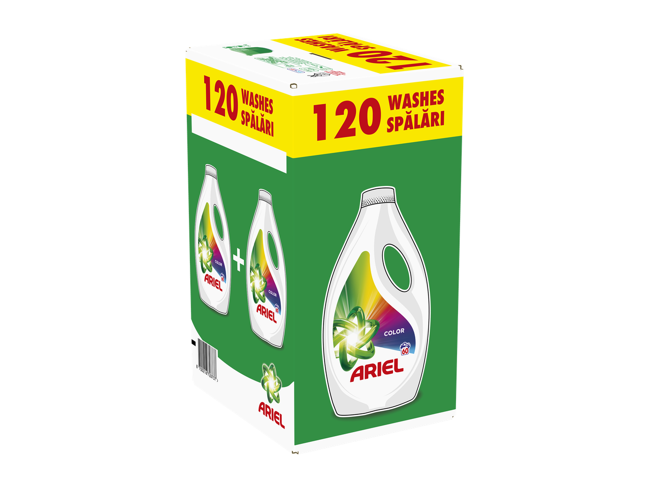 Cutie de detergent lichid pentru 120 de spălări, cu două sticle de detergent color.