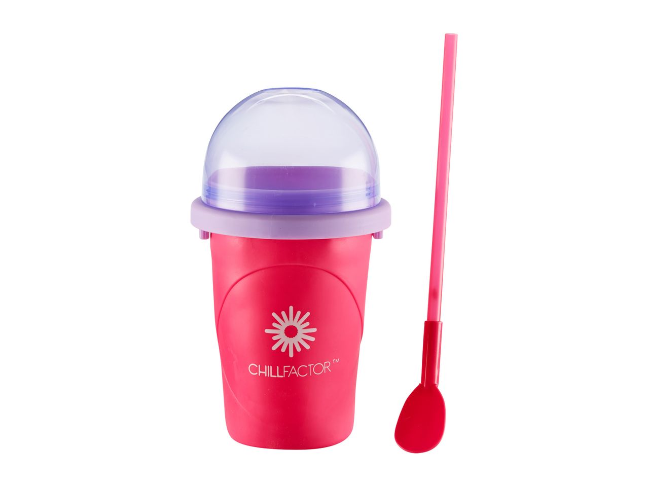 Pink ChillFactor smoothie cup with straw and lid.
