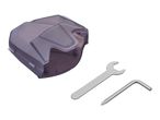 A translucent purple plastic cover with a wrench and an L-shaped hex key.