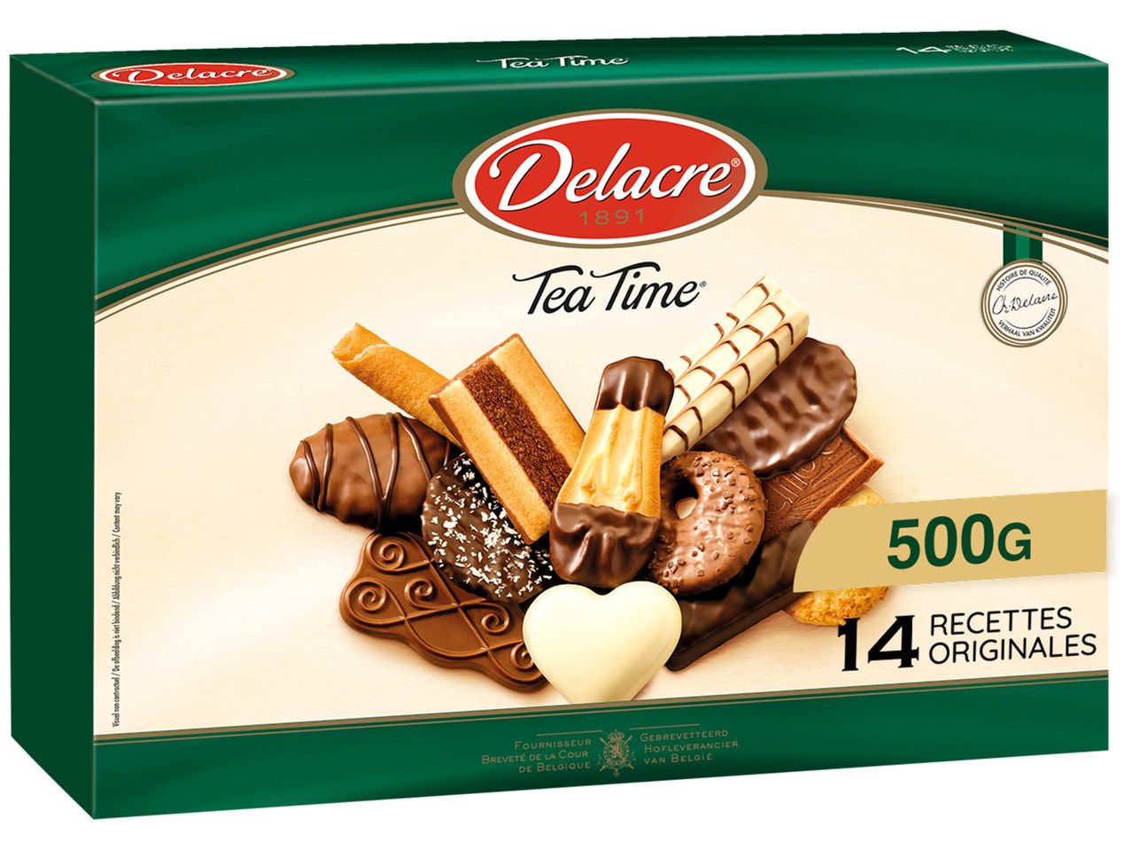 Boîte de 500g de biscuits Delacre Tea Time assortis.