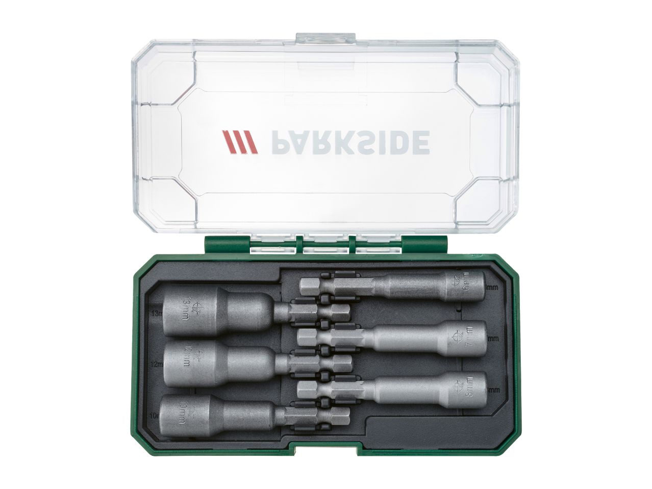 PARKSIDE nut driver bit set with 6, 7, 8, 10, 12, and 13mm sizes in a clear case