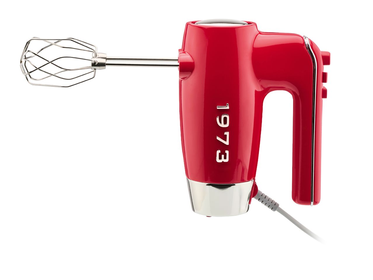 Red hand mixer with retro design and the year 1973 on the side