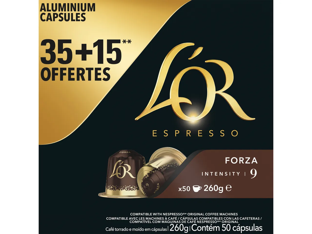 Capsules de café L'OR Espresso Forza, 35+15 offertes, compatibles Nespresso.