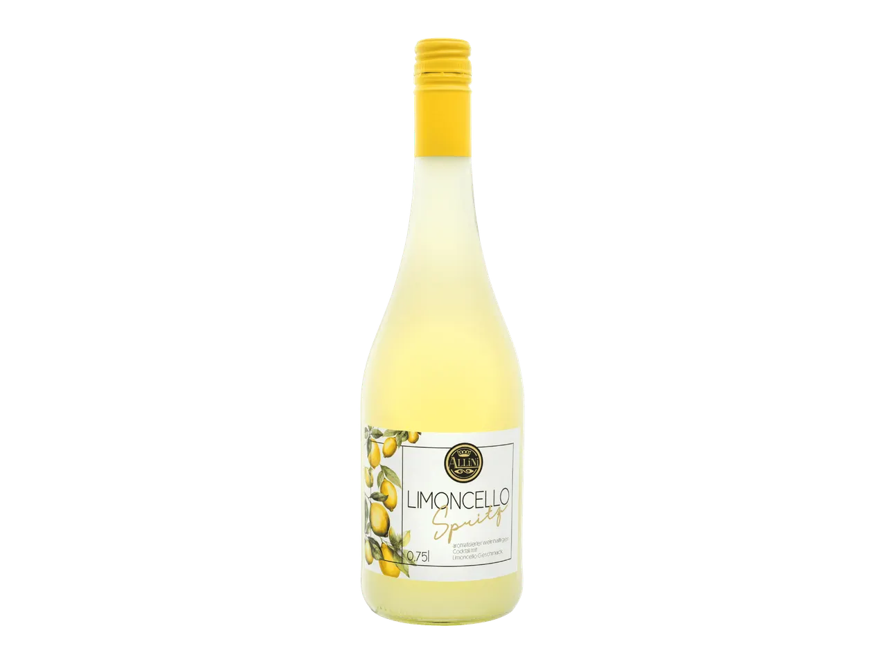 Limoncello Spritz -juomapullo, jossa on sitruunakuvioitu etiketti.