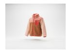 Pink and brown color block fleece jacket with a red zipper and pocket.