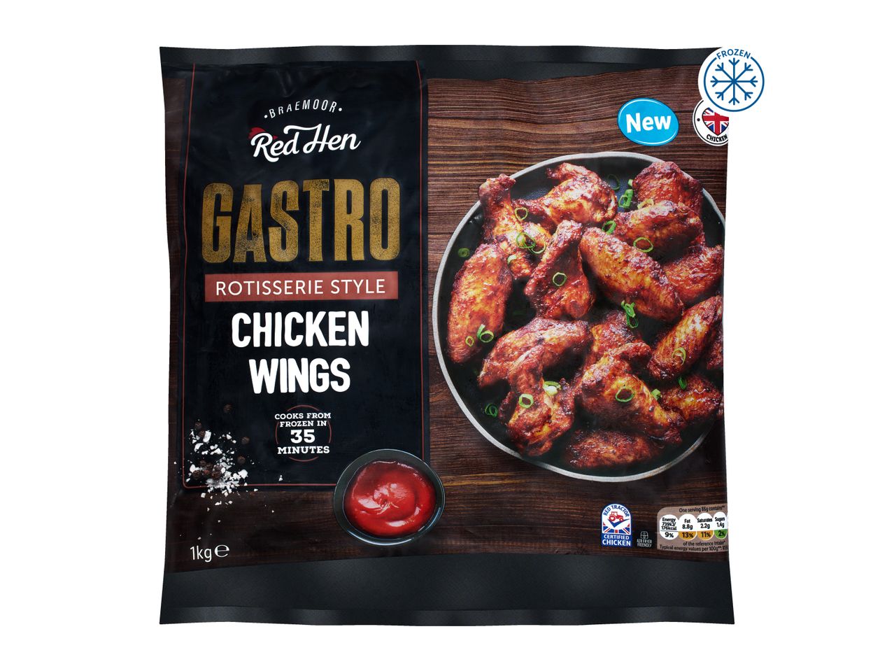 Frozen rotisserie-style chicken wings with a side of sauce, cooks from frozen in 35 minutes.