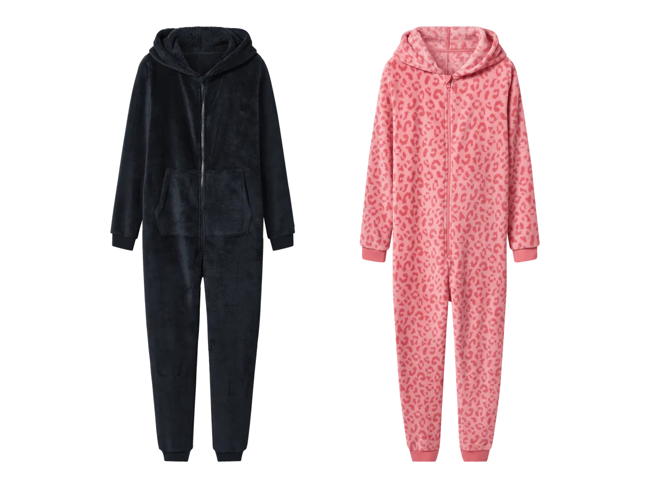 Kaksi huppuhaalaria: musta ja vaaleanpunainen leopardikuviolla.