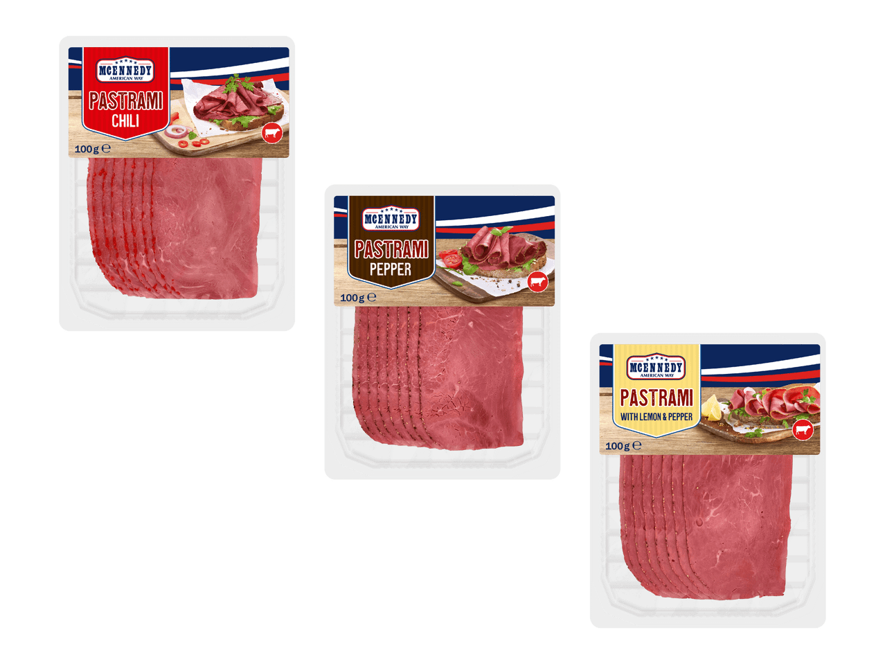 Kolme pakkausta pastramia: chili, pippuri ja sitruuna-pippuri, kukin 100 g.