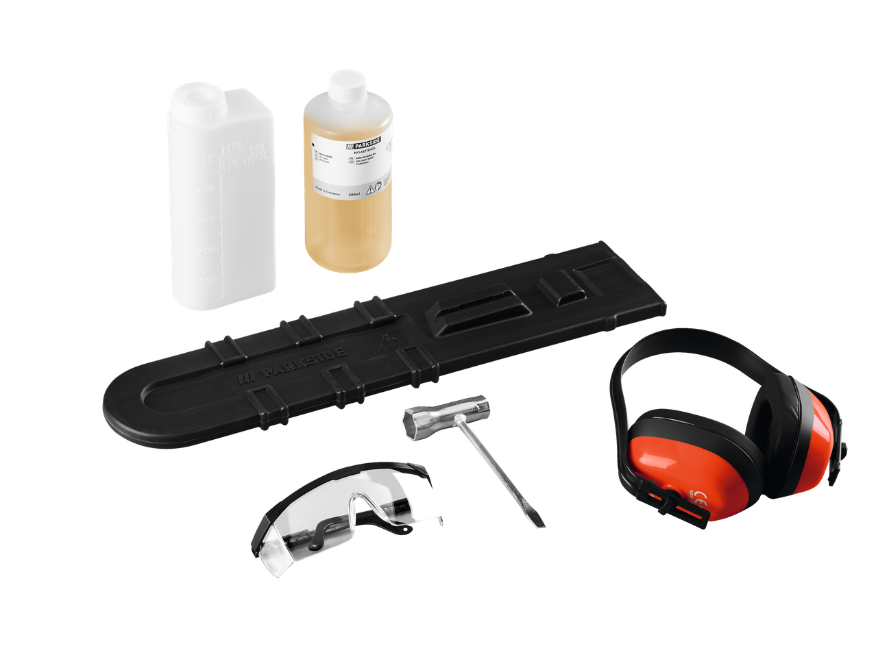 Kit de acessórios Parkside com óleo de corrente, protetor auricular, óculos e chave.