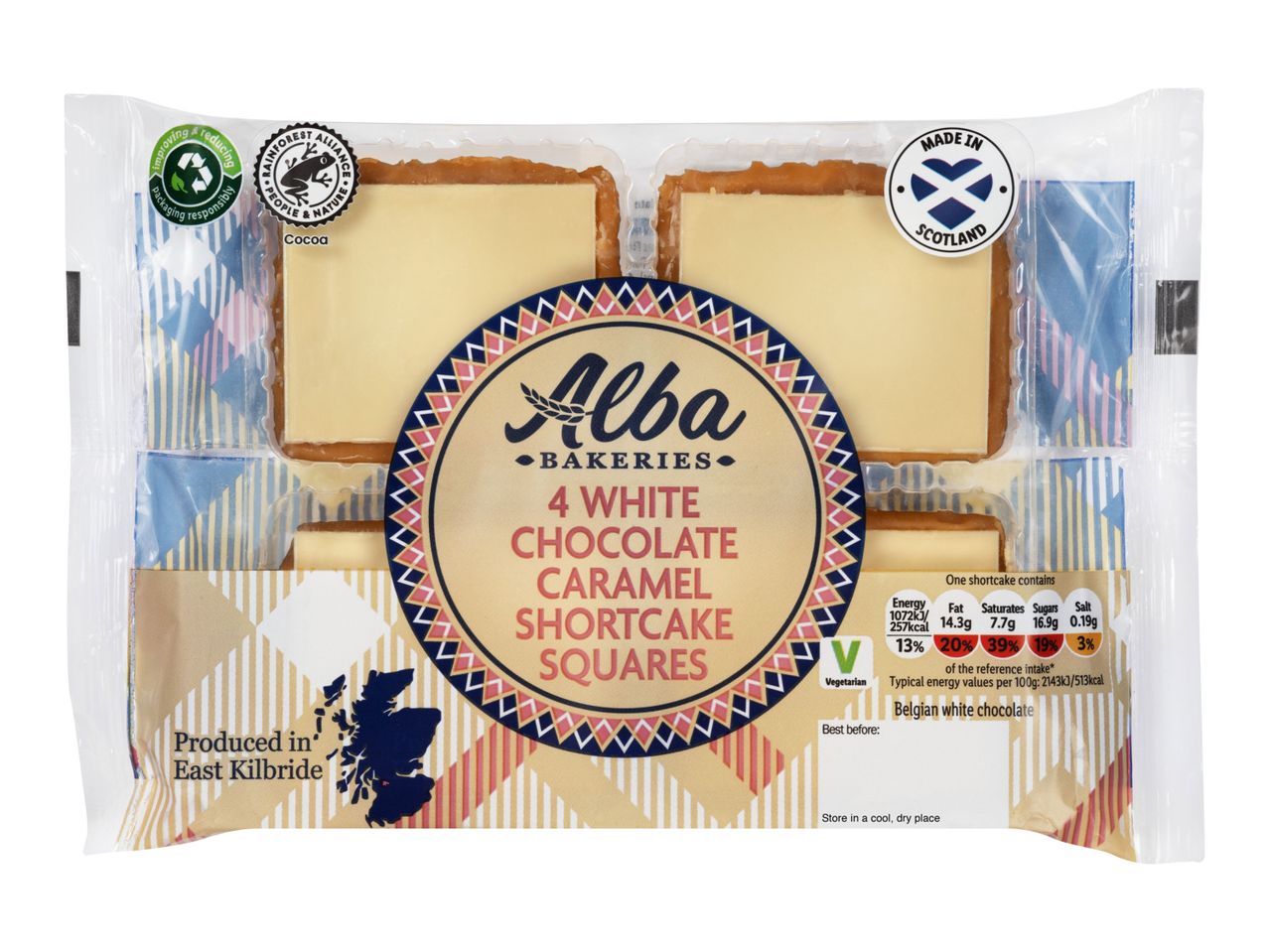 Alba Bakeries white chocolate caramel shortcake squares.