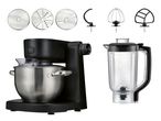 Küchenmaschine mit Edelstahl-Rührschüssel, Mixeraufsatz und verschiedenen Zubehörteilen wie Reibscheiben und Rührelementen.