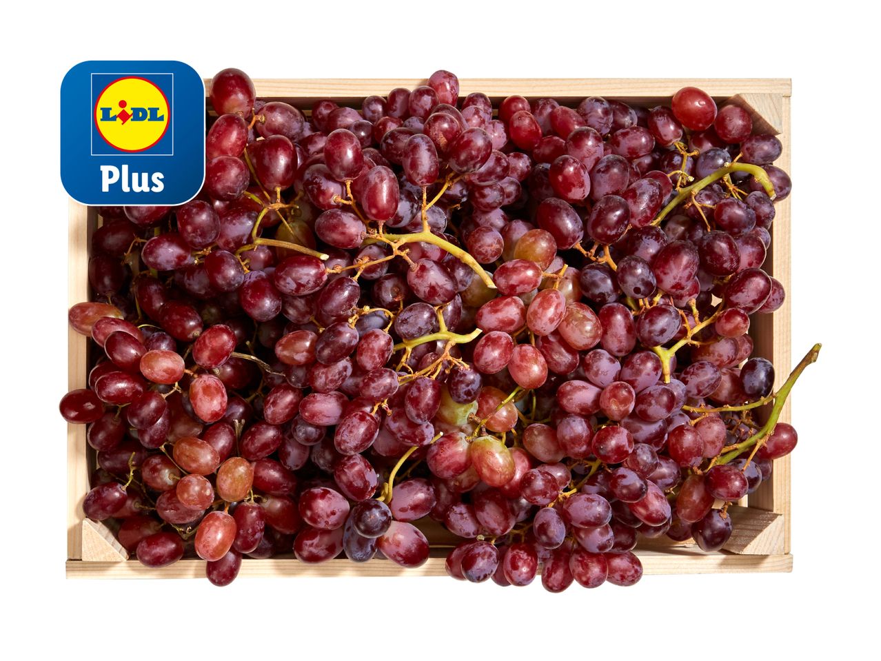 Uva rossa Lidl Plus in una cassa di legno.