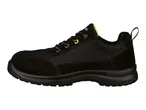 Black safety shoe with yellow laces and accents, side view.
