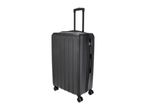 Black hard-shell suitcase with an extended handle and four spinner wheels.