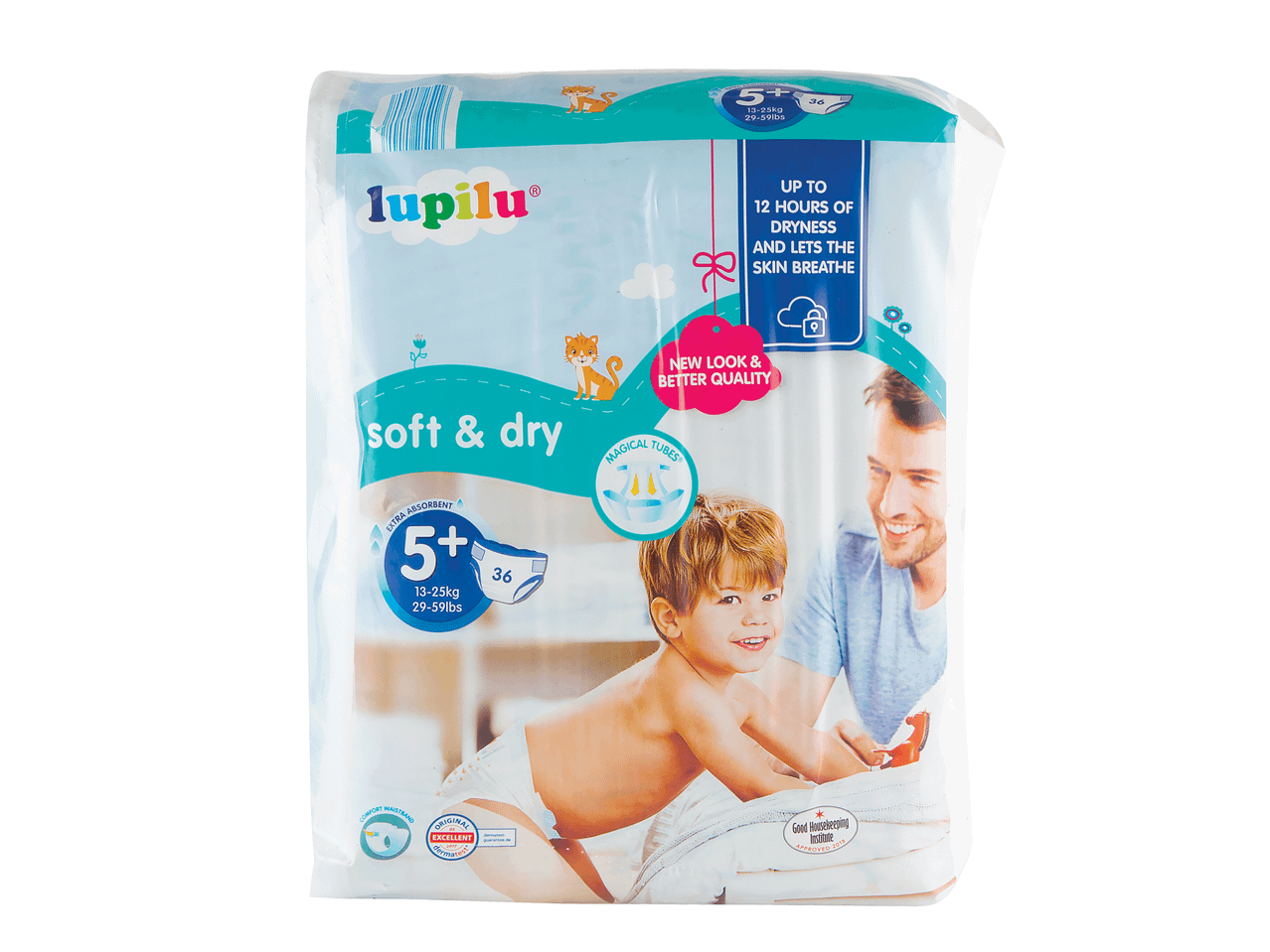 Lupilu soft & dry diapers, size 5+, 36 count.
