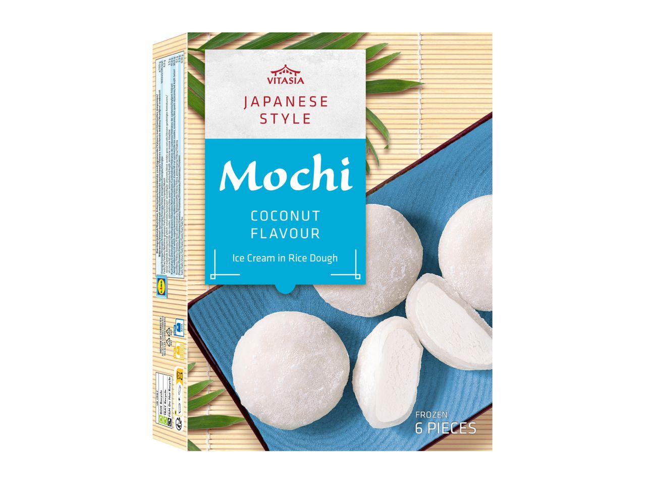 Frozen Japanese style mochi with coconut flavour, ice cream in rice dough, 6 pieces.